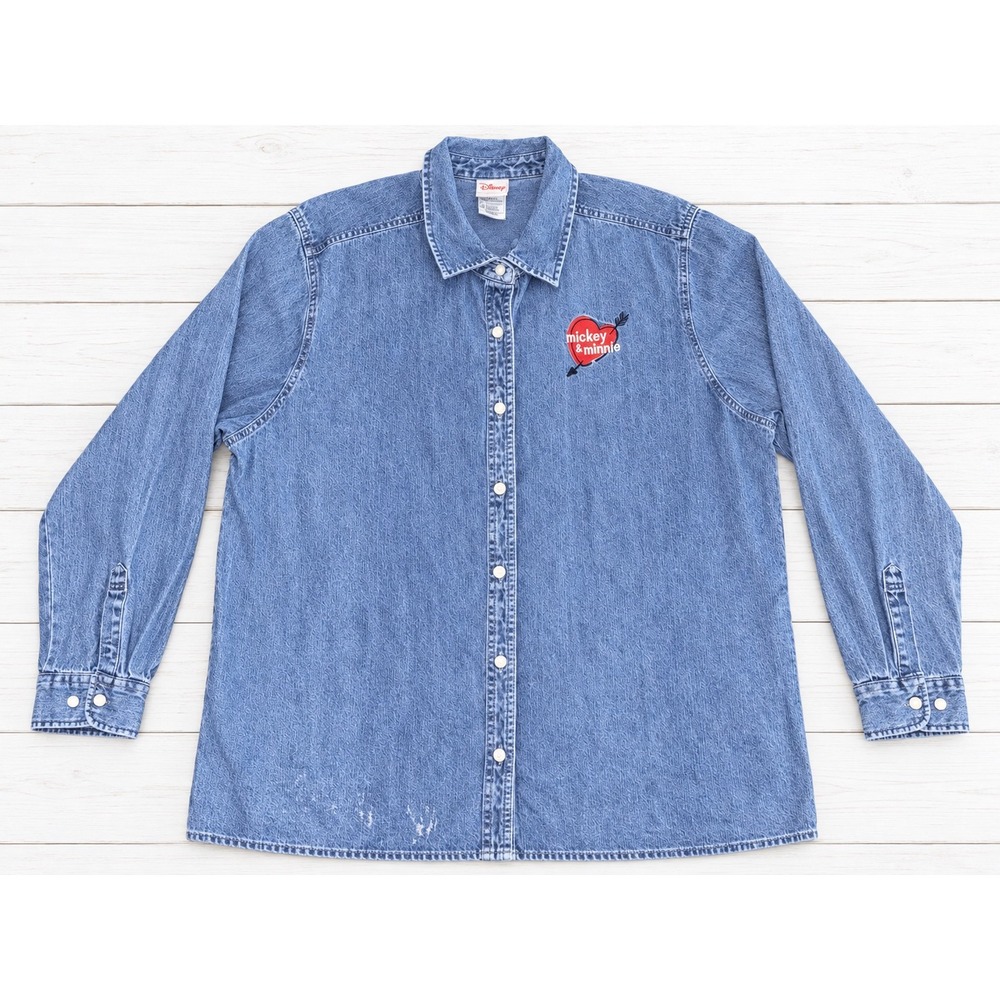 Vintage Disney Mickey & Minnie Mouse Denim Button Up Shirt Embroidered 3XL